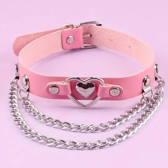Leather Choker Collar Necklace Bondage Emo Rave Role Play Heart Chains Cosplay - Picture 1 of 4